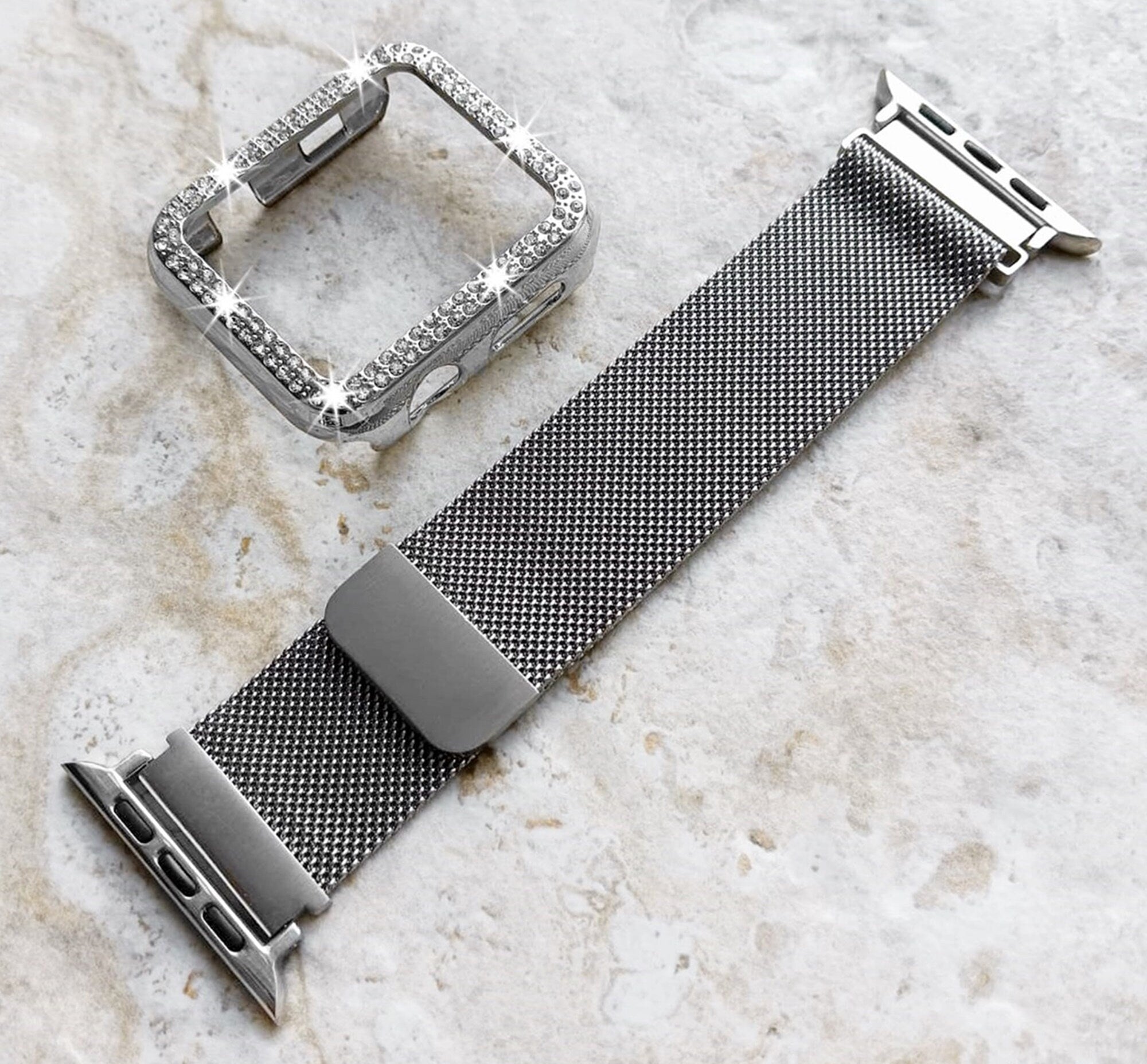 Apple Watch Silver Color Band Set Crystal Bezel Case Cover for Ultra 2 9 8 7 SE 6 5 4 3 2 49mm 45mm 44mm 42mm 41mm 40mm 38mm Strap Milanese